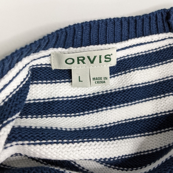 ORVIS Navy White Preppy Stripe Cable Knit Sweater Sz L - Picture 13 of 15
